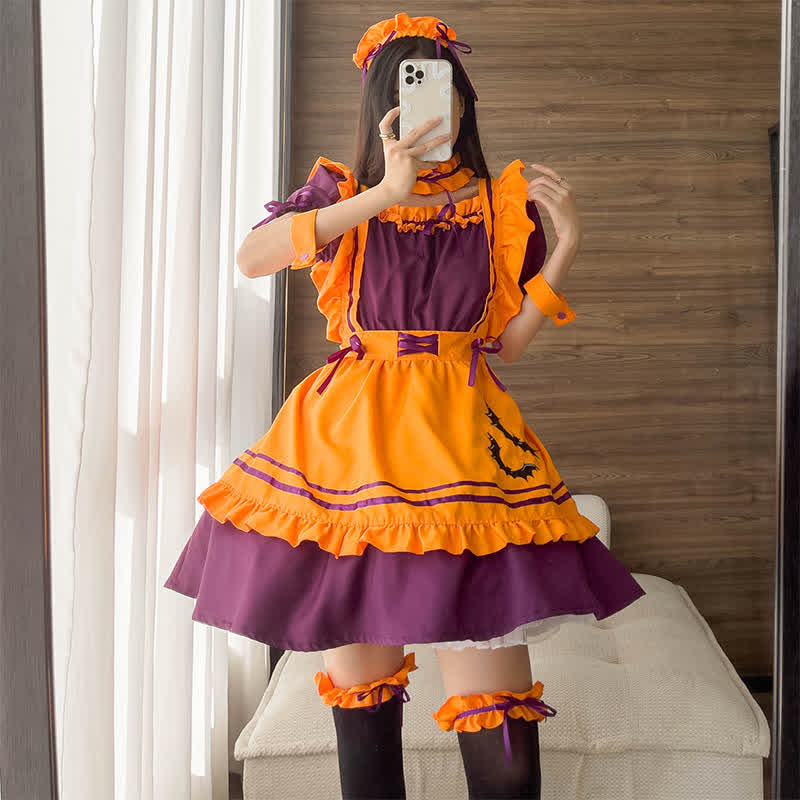 Cute Bat Embroidery Lace Up Ruffled Maid Dress