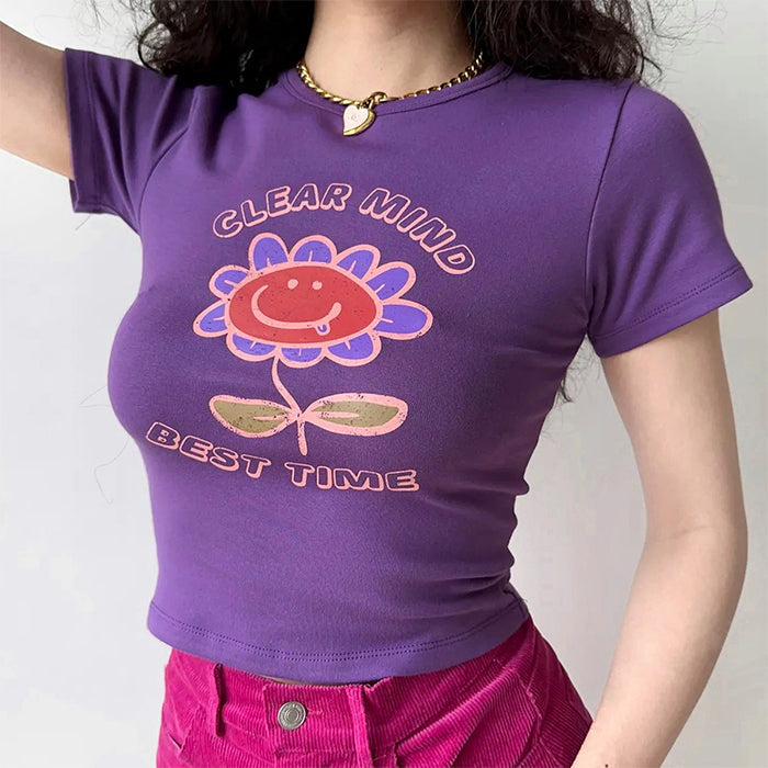 Purple Big Flowers Graphic Crop Top