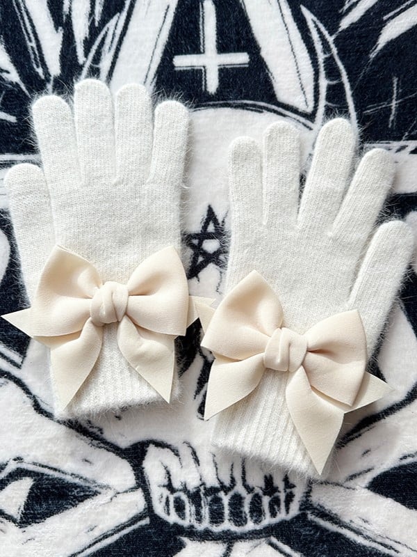 Pads Details Cutout Bowknot Finger Gloves at Gothic White