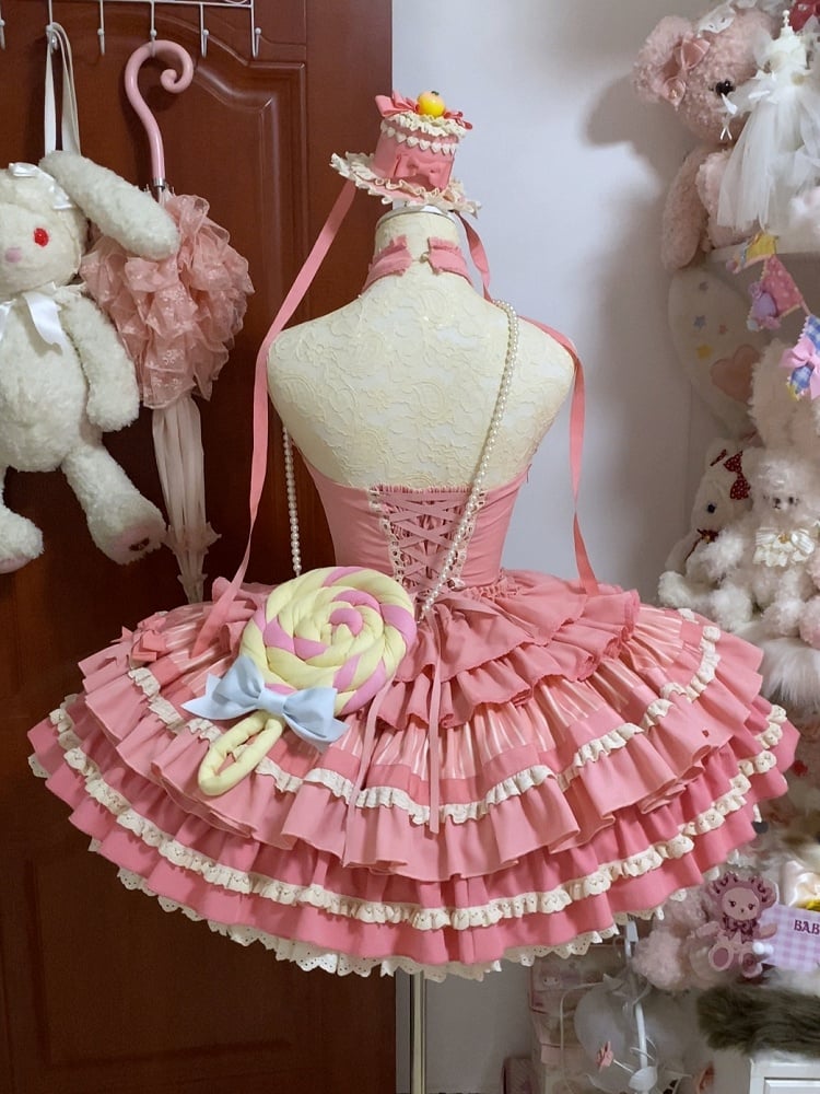 Neck Rose Skirt Sweet Ruffle Idol Lolita Accents Halter Dress Pink Bow Tiered