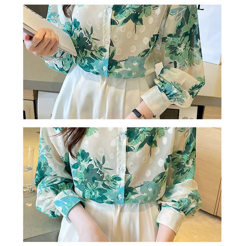 Green Floral Print Puff Sleeve Chiffon Shirt