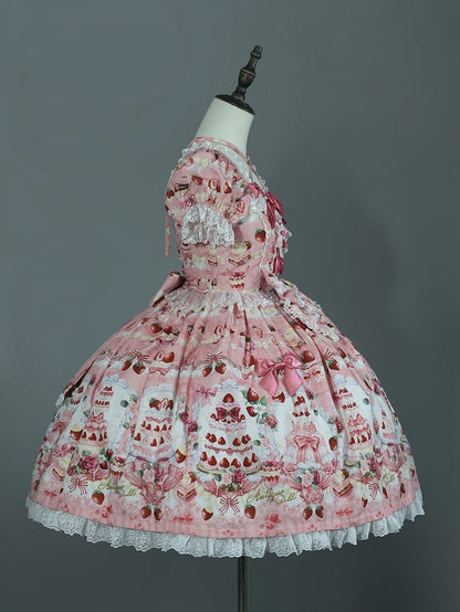 Print Dress Sweet Lolita Bow Set Pink / Accents Strawberry Cake Full