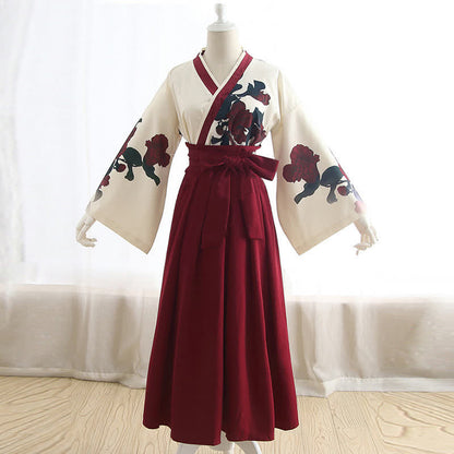 Vintage Rose Flower Print Kimono Shirt Lace Up Pleated Skirt