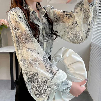 Vintage Ink Painting Print Puff Sleeve Shirt Workwear