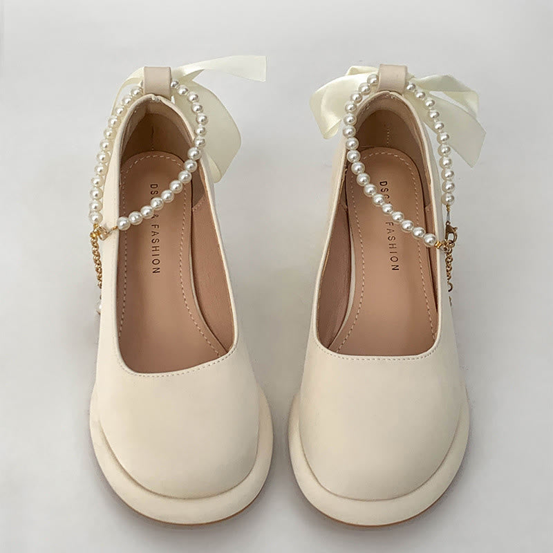 Pearl Buckle Thick Heel Mary Jane Shoes