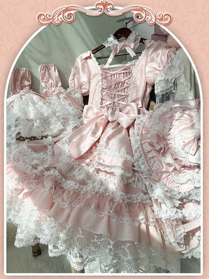 with Princess Pink Detachable High Dress Bow Accents Lolita Waist Sleeves Sweet