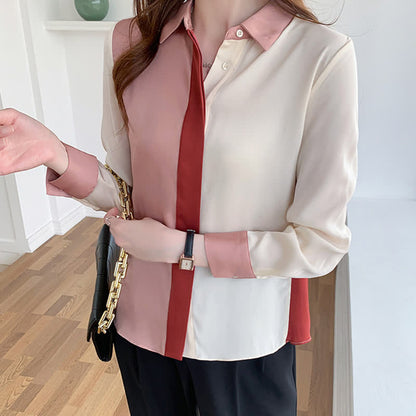 Pink White Colorblock Lapel Shirt Workwear