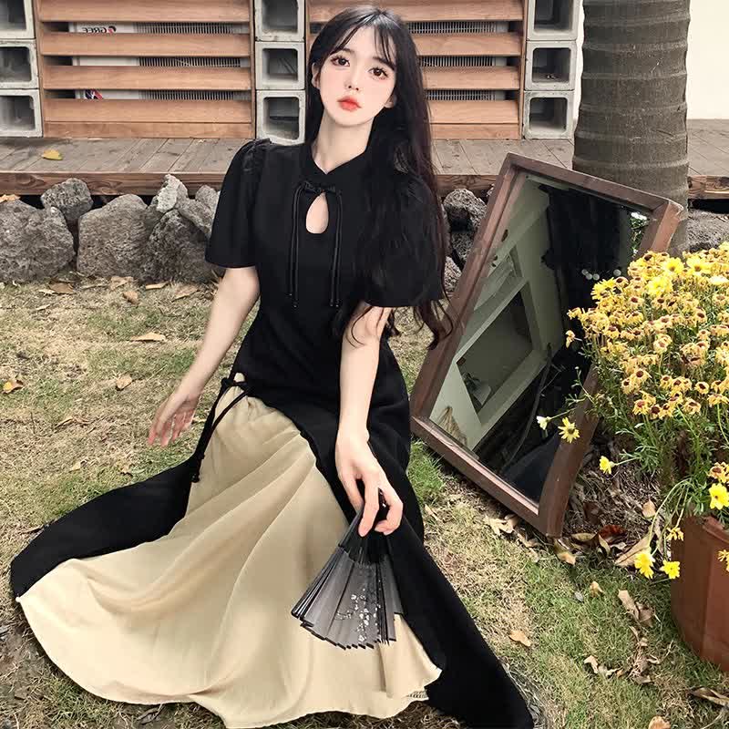 Elegant Black Buckle Split A-line Cheongsam Dress