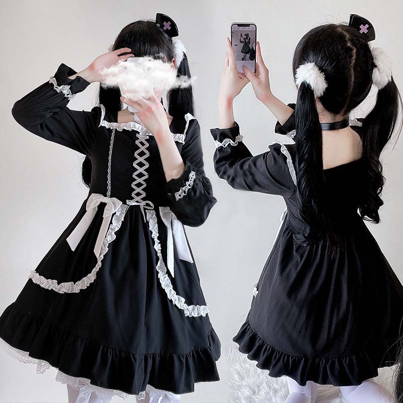 Black Lace Up Lolita Bow-Knot Maid Dress