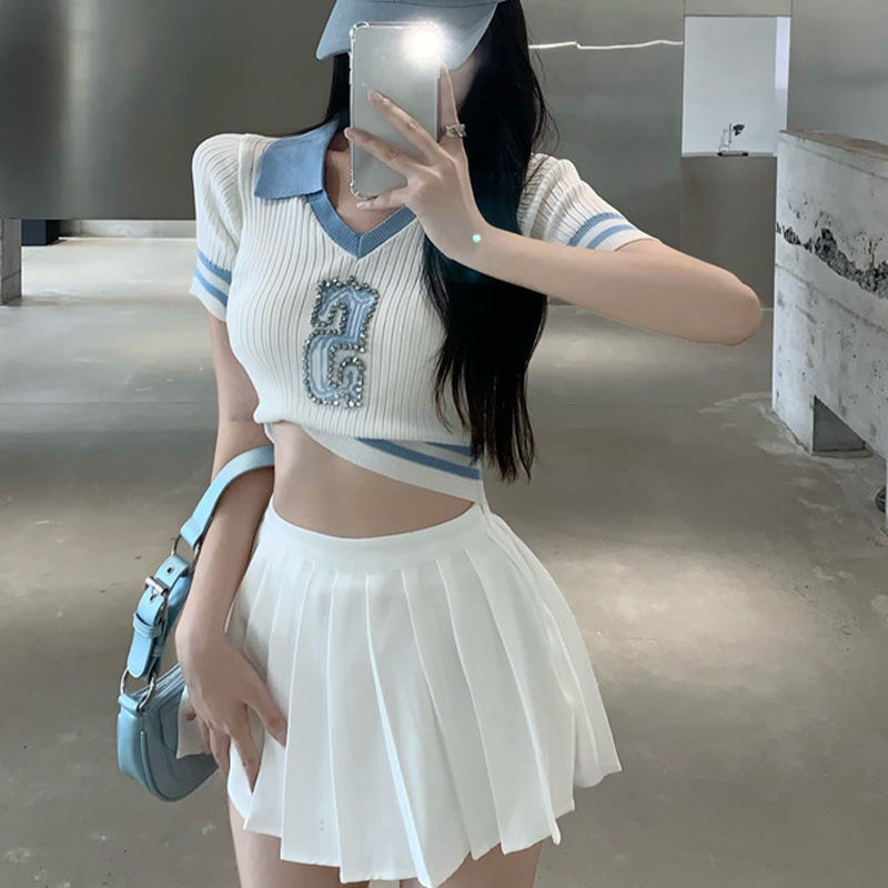 Sweet Letter Print Colorblock T-Shirt Pleated Skirt