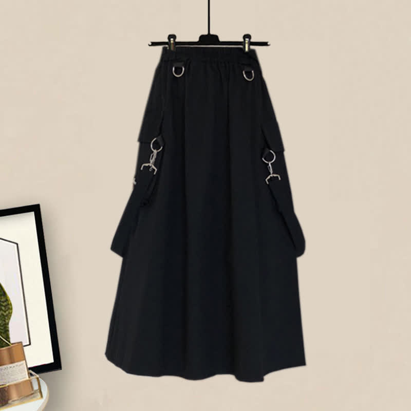 Chic Pocket Lapel Tie T-Shirt Suspender Skirt Set