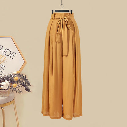 Orange V-neck Knit Vest Shirt Wide Leg Pants