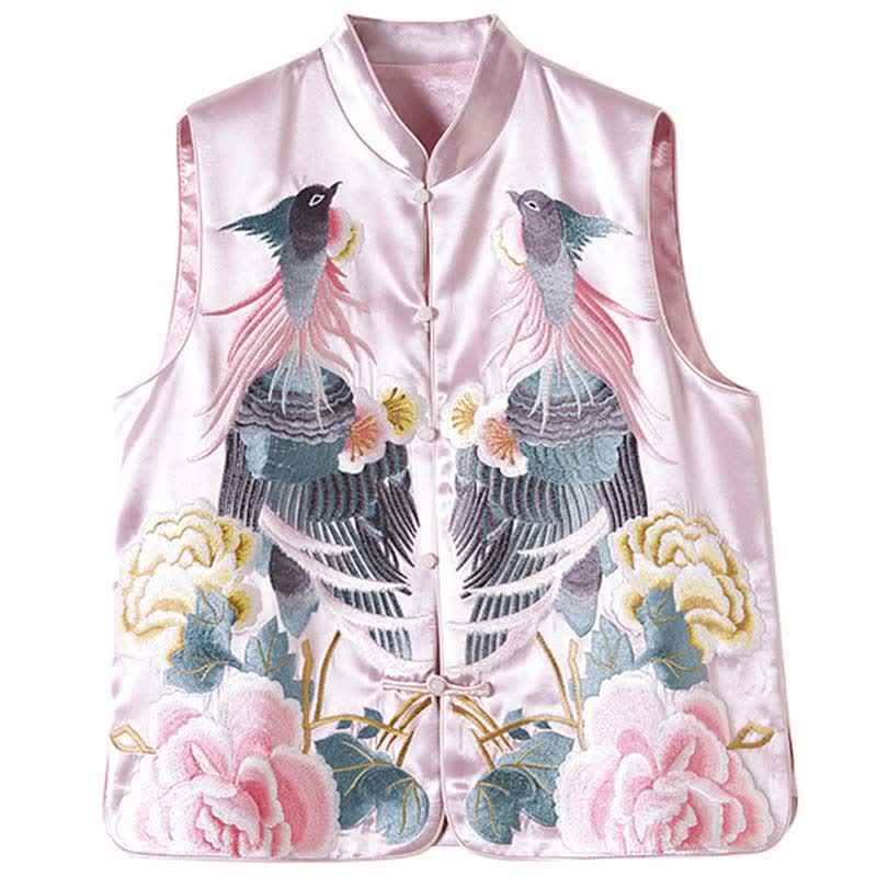 Floral Embroidery Buckle Sleeveless Satin Vest