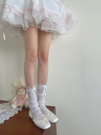 Tulle Socks Lace Details Bowknot Ruffled White/Black