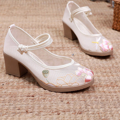 Floral Embroidery Chunky Heel Mesh Shoes