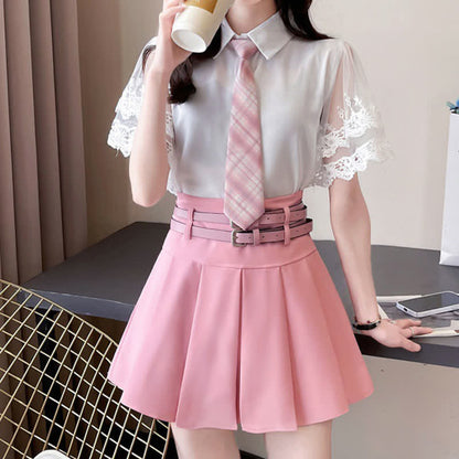 Lace Sleeve Tie T-Shirt Belted Pleated Skirt Set