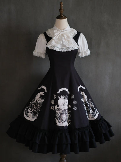 Bunny Gothic Dress Print Slim Fit Dark Waist Black Lolita