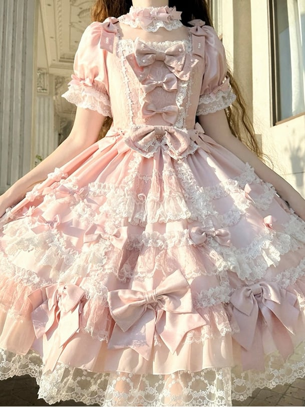 with Princess Pink Detachable High Dress Bow Accents Lolita Waist Sleeves Sweet