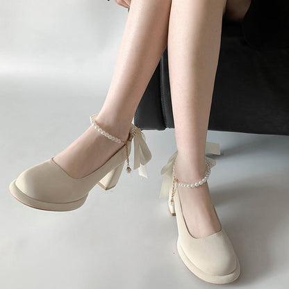 Pearl Buckle Thick Heel Mary Jane Shoes