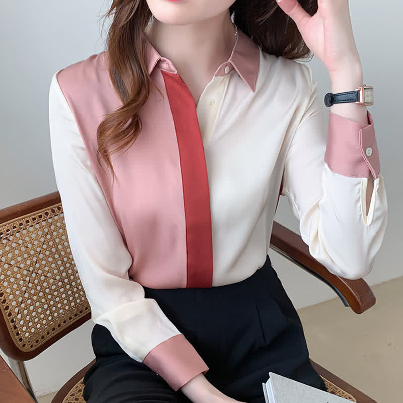 Pink White Colorblock Lapel Shirt Workwear