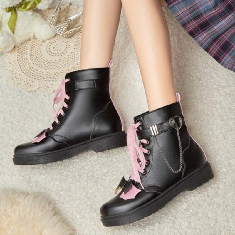 Pink Bow Knot Chain Lace-up Front Boots