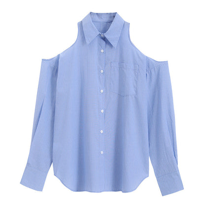 Chic Blue Striped Hollow Out Lapel Shirt