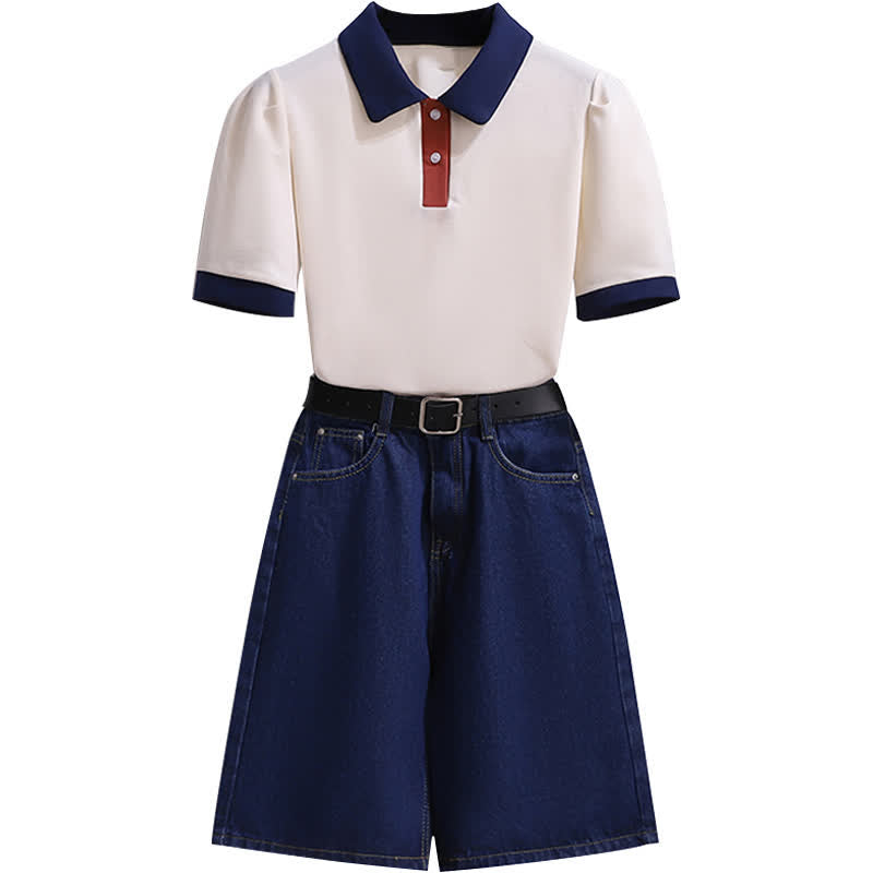 Colorblock Lapel T-Shirt Belted Denim Shorts