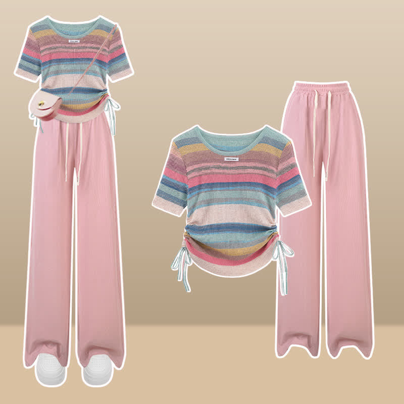 Rainbow Stripe T-Shirt Casual Draw String Shorts Pants modakawa