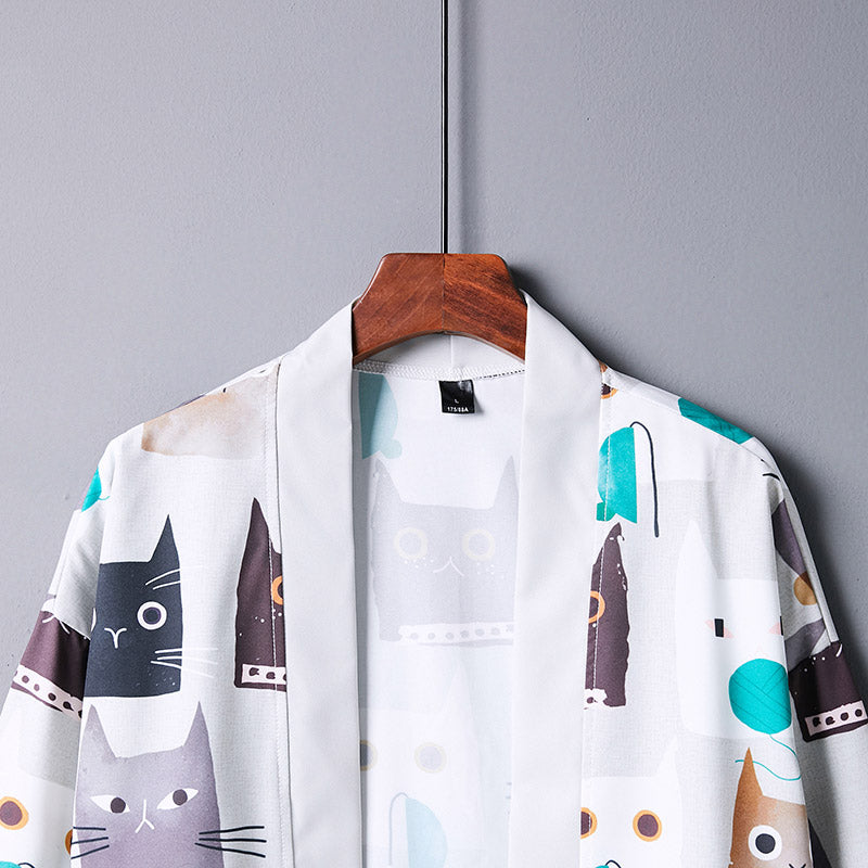 Cartoon White Cat Print Kimono Outerwear