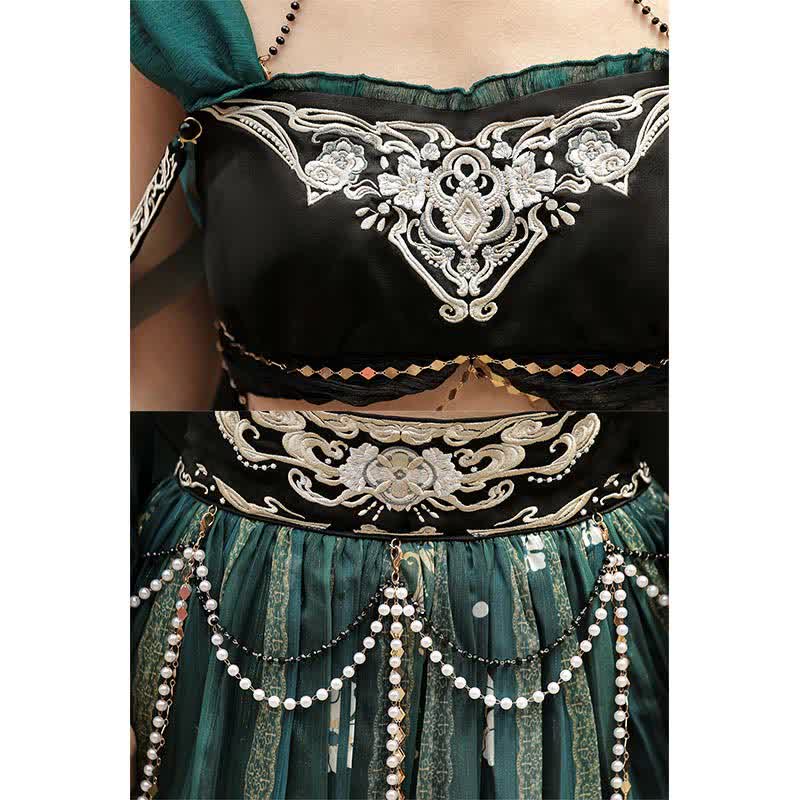 Fascinating  Embroidery Top Pearl Chain Decor High Waist Skirt