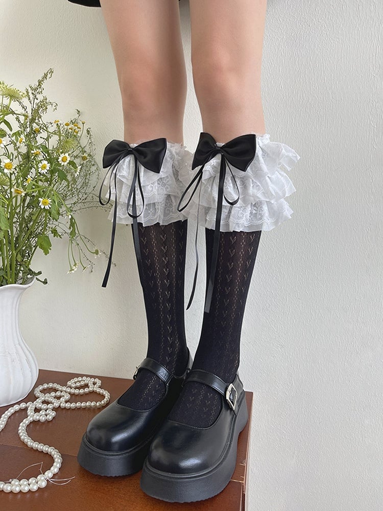 Heart Stockings Underknee Print Lace Ruffle Trims White/Black Bowknot