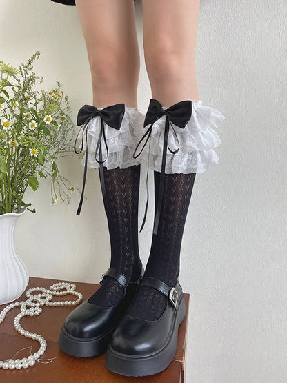Heart Stockings Underknee Print Lace Ruffle Trims White/Black Bowknot