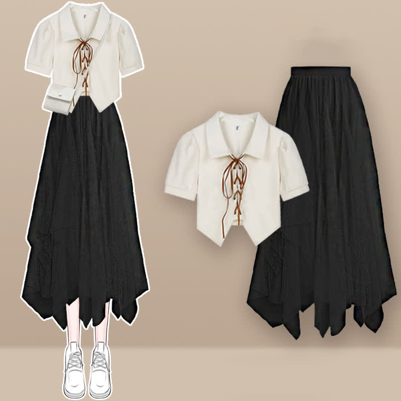 White Lace Up Polo T-Shirt Irregular Tulle Skirt modakawa