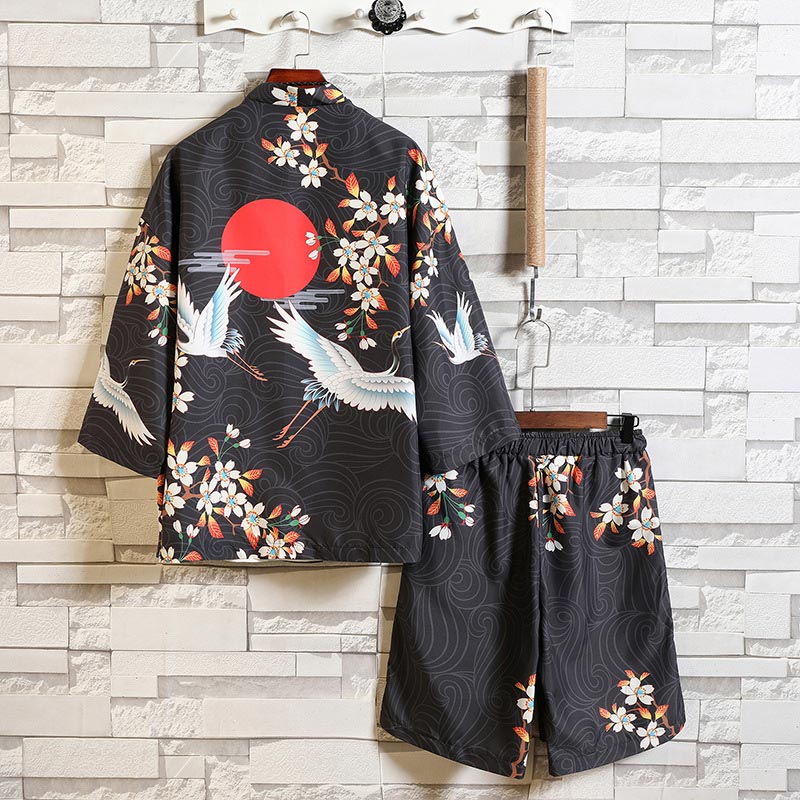 Floral Crane Sun Cardigan Kimono Outerwear Shorts Set