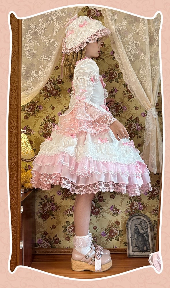 Princess Detachable with White High Sleeves Waist Accents Sweet Lolita Pink Dress Bow