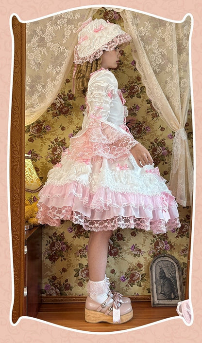 Princess Detachable with White High Sleeves Waist Accents Sweet Lolita Pink Dress Bow