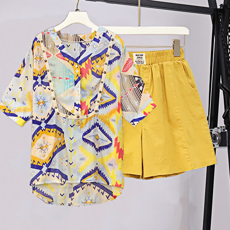 Colorblock Print V-neck T-Shirt Elastic Yellow Shorts Set