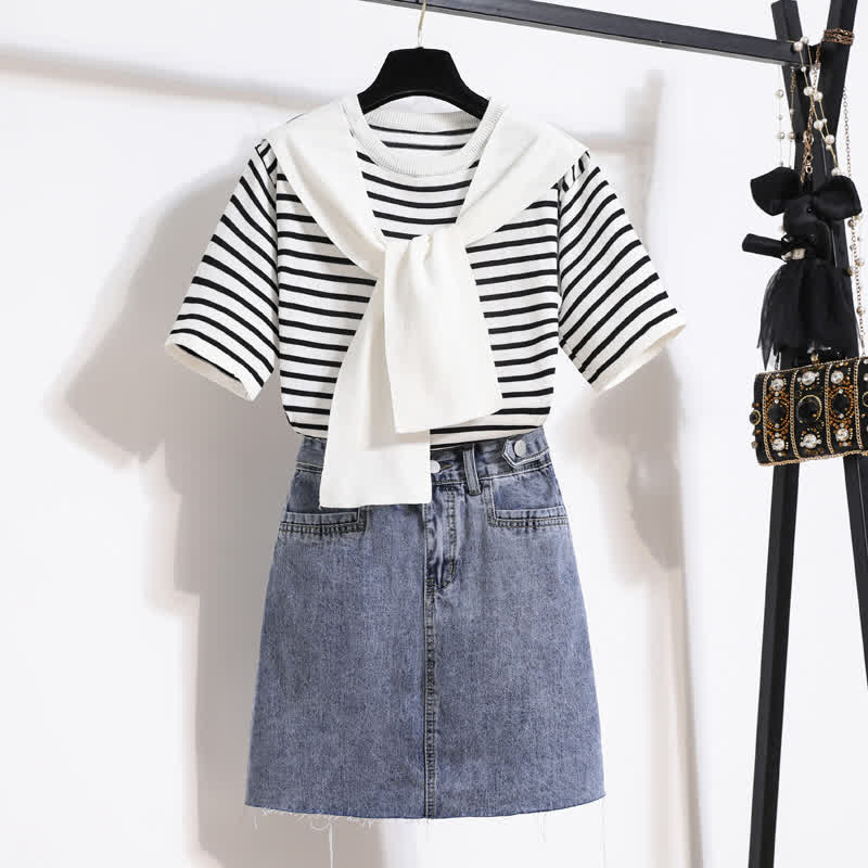 Chic Stripe Round Collar T-Shirt Denim Skirt