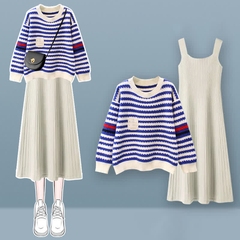 Stripe Colorblock Knit Sweater Slip Dress Set