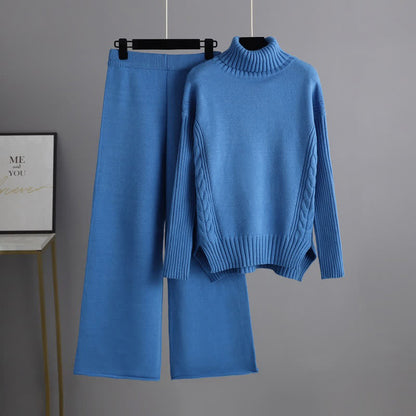 Pure Color Turtleneck Cable Sweater Wide Leg Pants Set