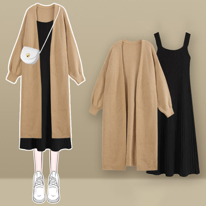 Chic Knit Cardigan Outerwear Slip Dress Set