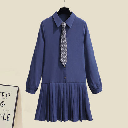 Chic Knit Vest Lapel Tie Pleated Shirt Dress Set