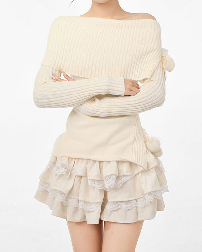 White Knit Shoulder Sweater