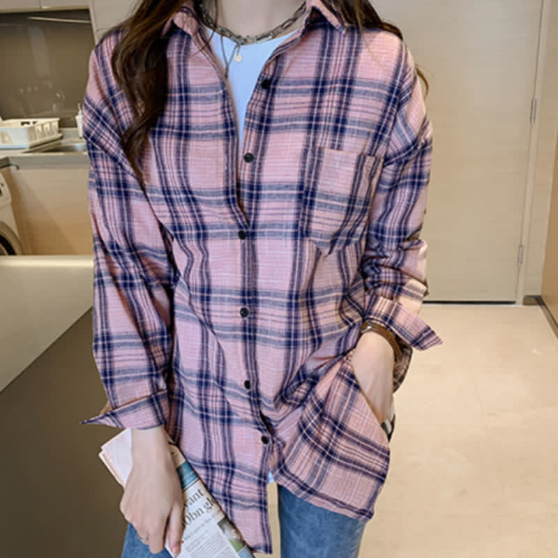 Plaid Print Pocket Lapel Loose Shirt