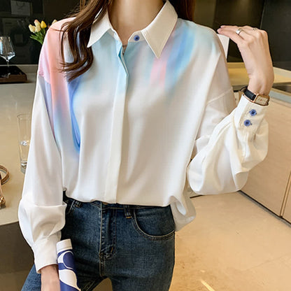 Colorblock Gradient Print Lapel Shirt