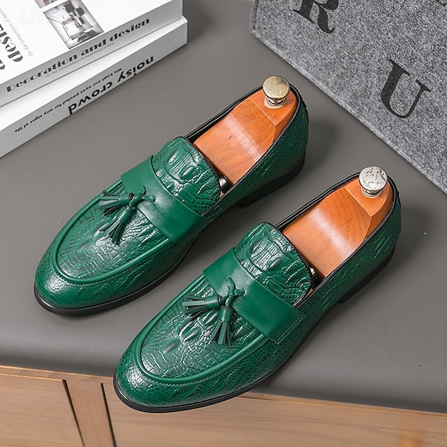 Crocodile Leather Faux with Green Loafers Men's Embossed