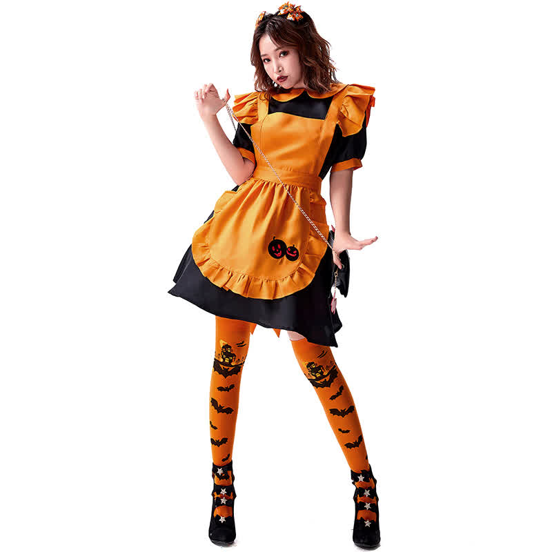 Kawaii Pumpkin Bat Embroidery Doll Collar Maid Dress