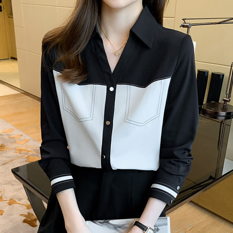 Elegant Colorblock Chiffon Shirt Workwear