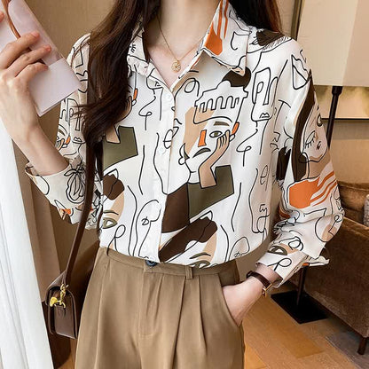 Color Abstract Graffiti Print Chiffon Shirt