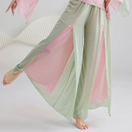 Vintage Colorblock Flared Sleeve Shirt Split Wide Leg Pants